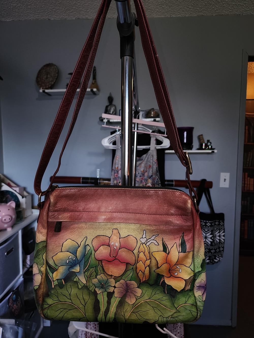Anuschka Floral Leather Crossbody 10x9x2.5